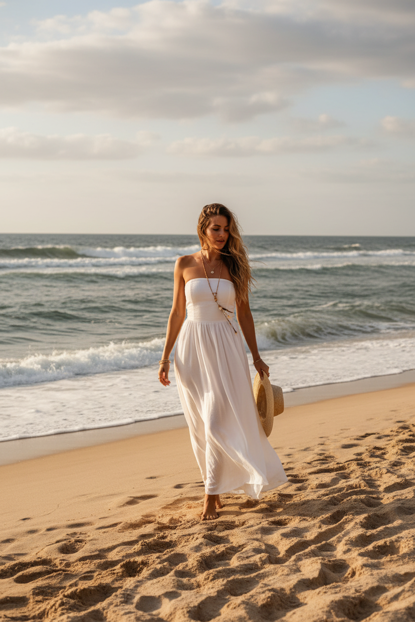 Woman in a white dress standing on a beach with ocean waves in the background wearing silicone nip covers under white dress