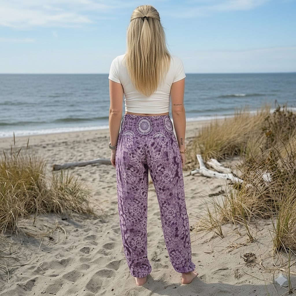 Back view of Woman standing on a beach wearing a white top and purple patterned pants.