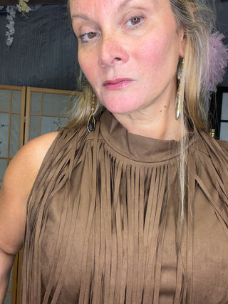 Brown sueded fabric fringe mini dress Close up