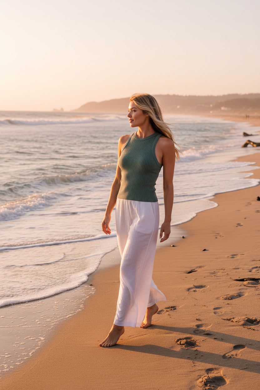 Woman wearing a ribbed green tank top against a beach background