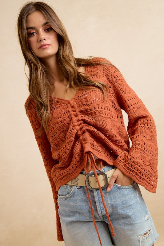 Pointelle Knit V-Neck Ruched Front Top, Sage Green
