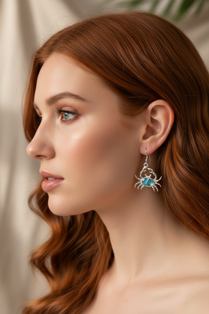 Crab earrings on woman with red hair