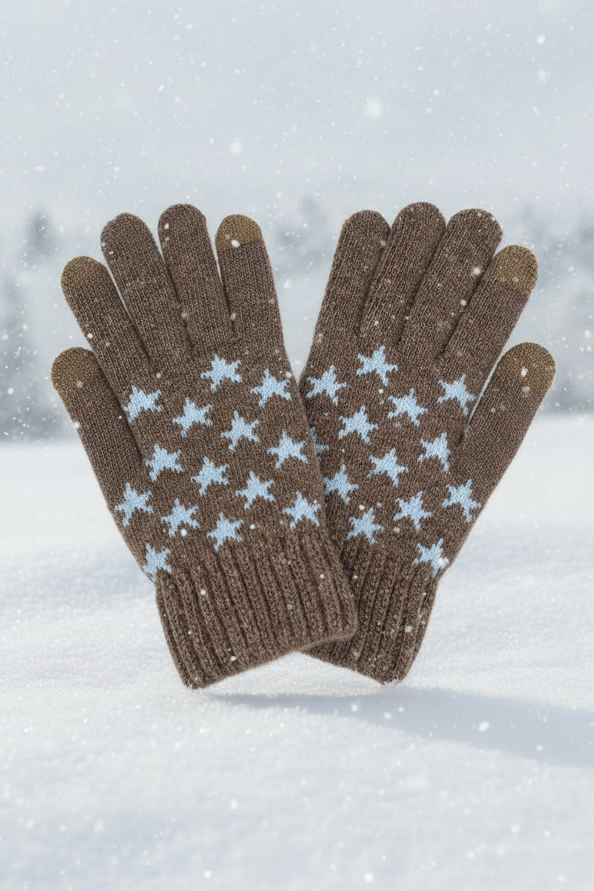 Pair of brown gloves with star pattern on a white background