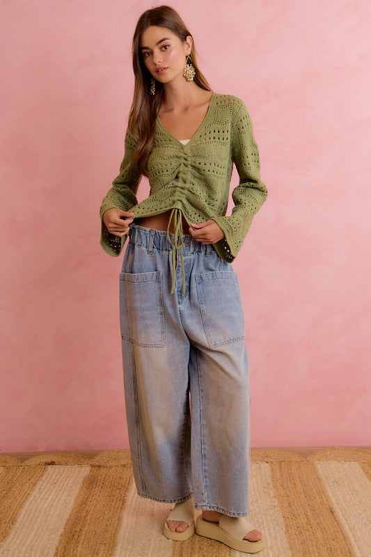 Pointelle Knit V-Neck Ruched Front Top, Sage Green