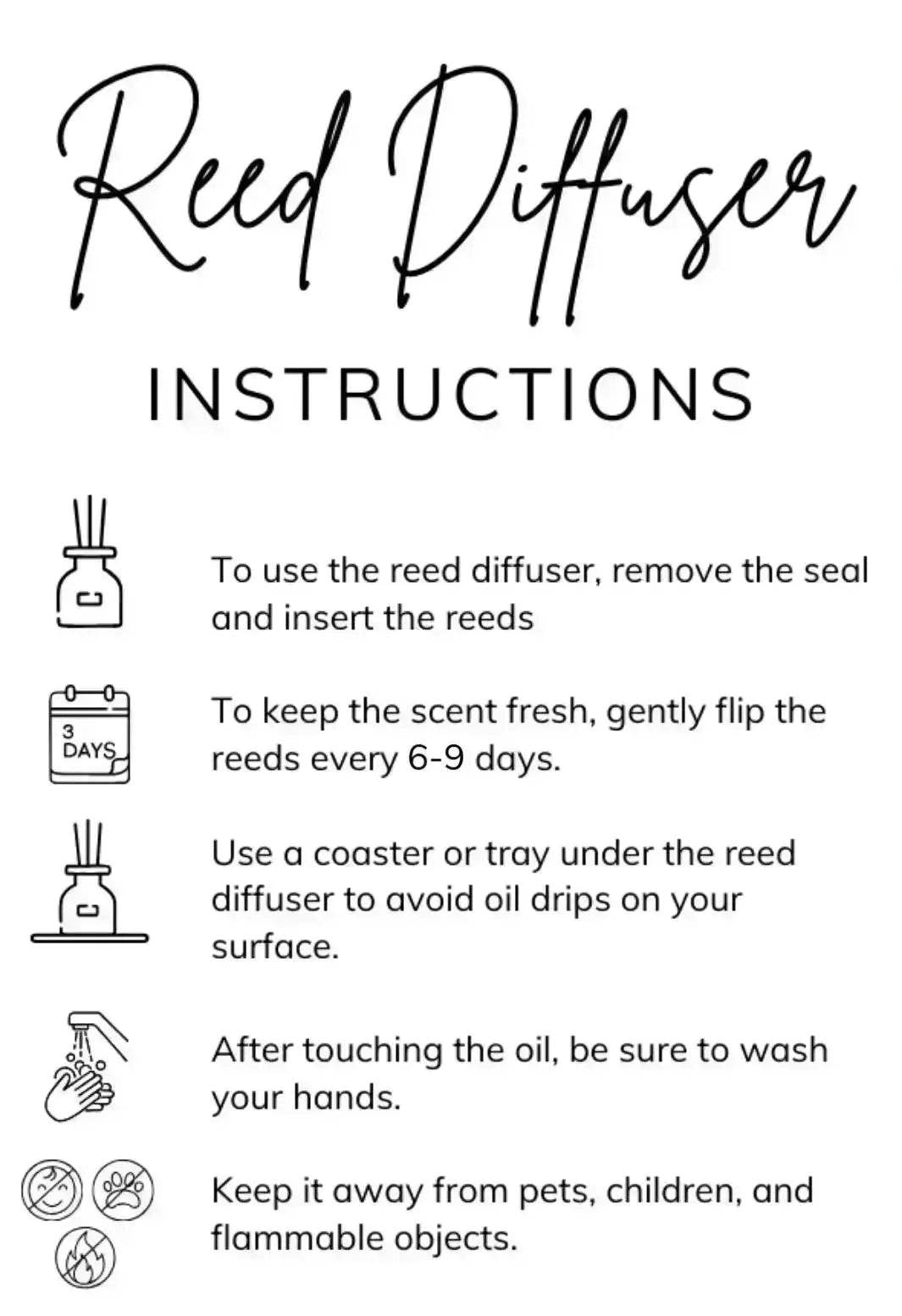 Instructions for using a reed diffuser on a white background