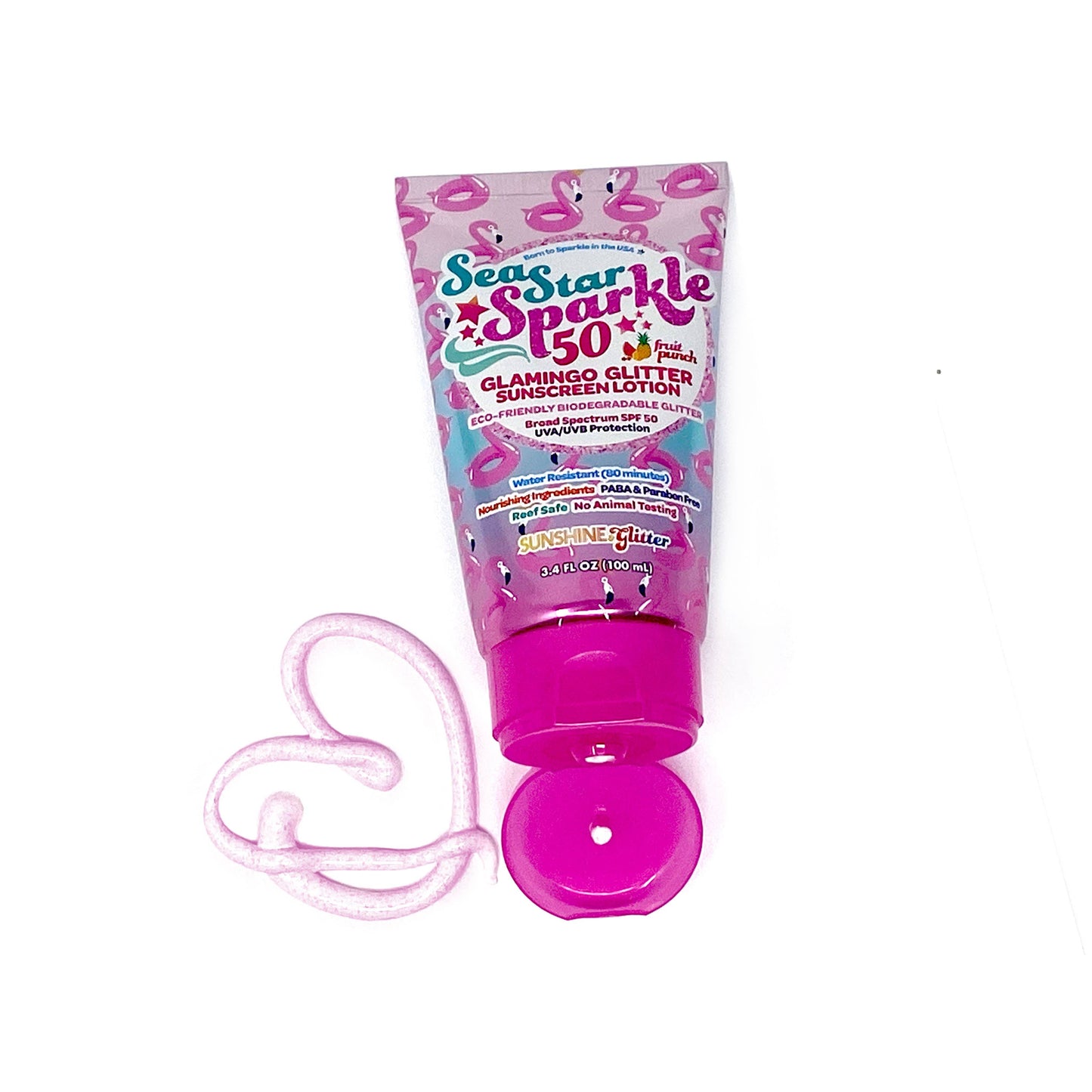 Pink bottle of Sea Star Sparkle sunscreen with a white background