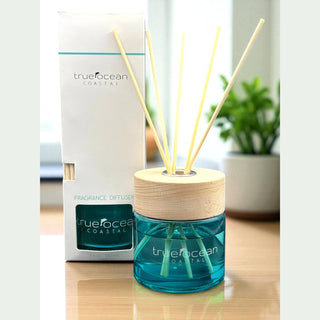 TrueOcean Coastal fragrance diffuser with packaging on a table.