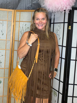 Brown sueded fabric fringe mini dress