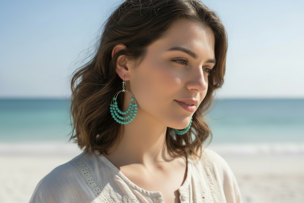 Turquoise beaded earrings on woman on beach