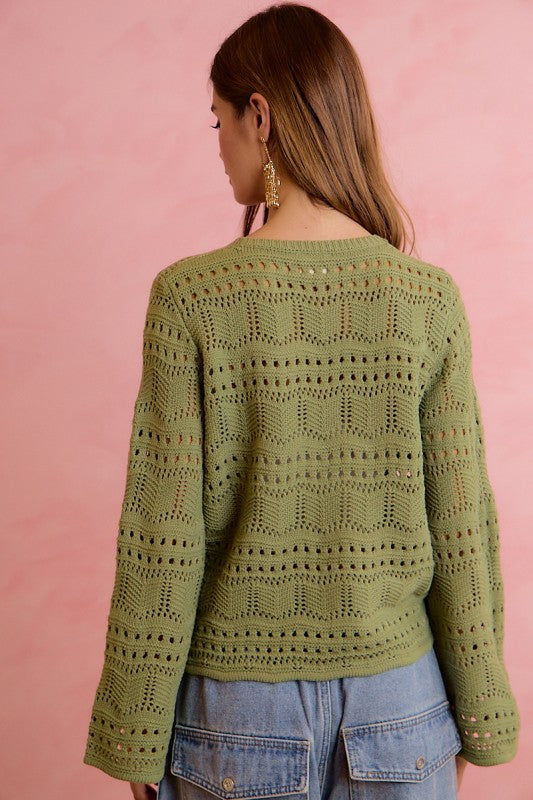 Pointelle Knit V-Neck Ruched Front Top, Sage Green
