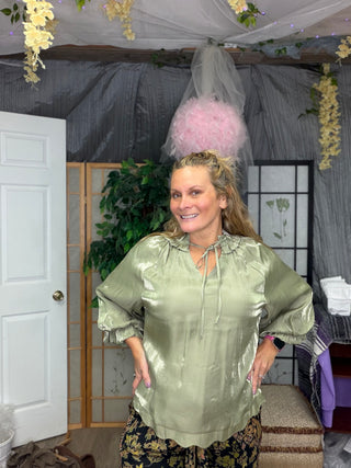 Green shimmery blouse with ruffle collar