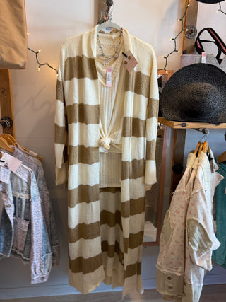 Mocha & Cream Striped Long Open Front Cardigan