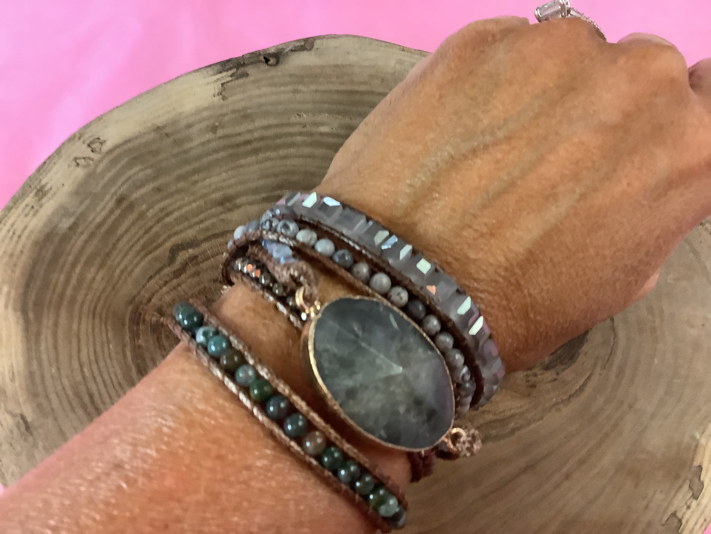 Labradorite Stone Boho Wrap Bracelet | Flower Clasp