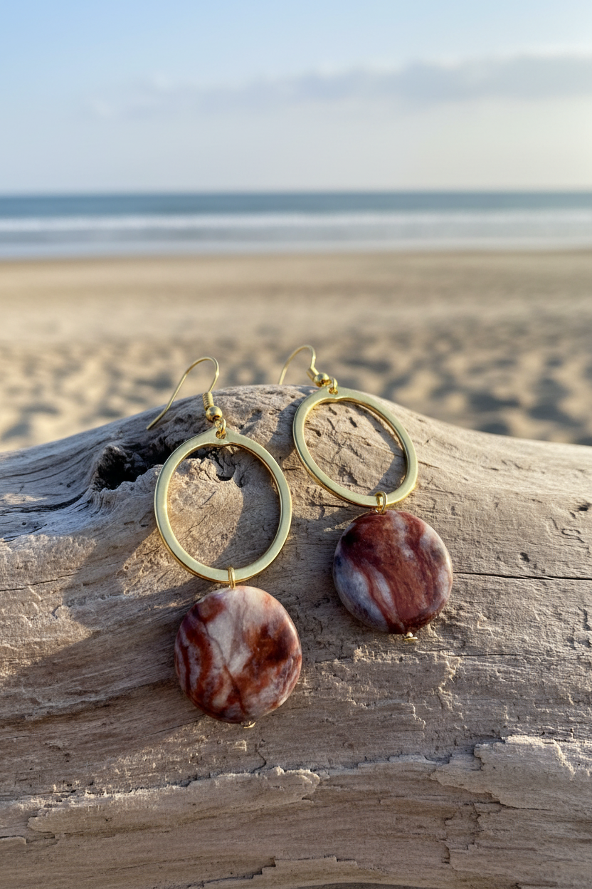 Earrings with gold loops and red stones on a piece of driftwood by the beach.