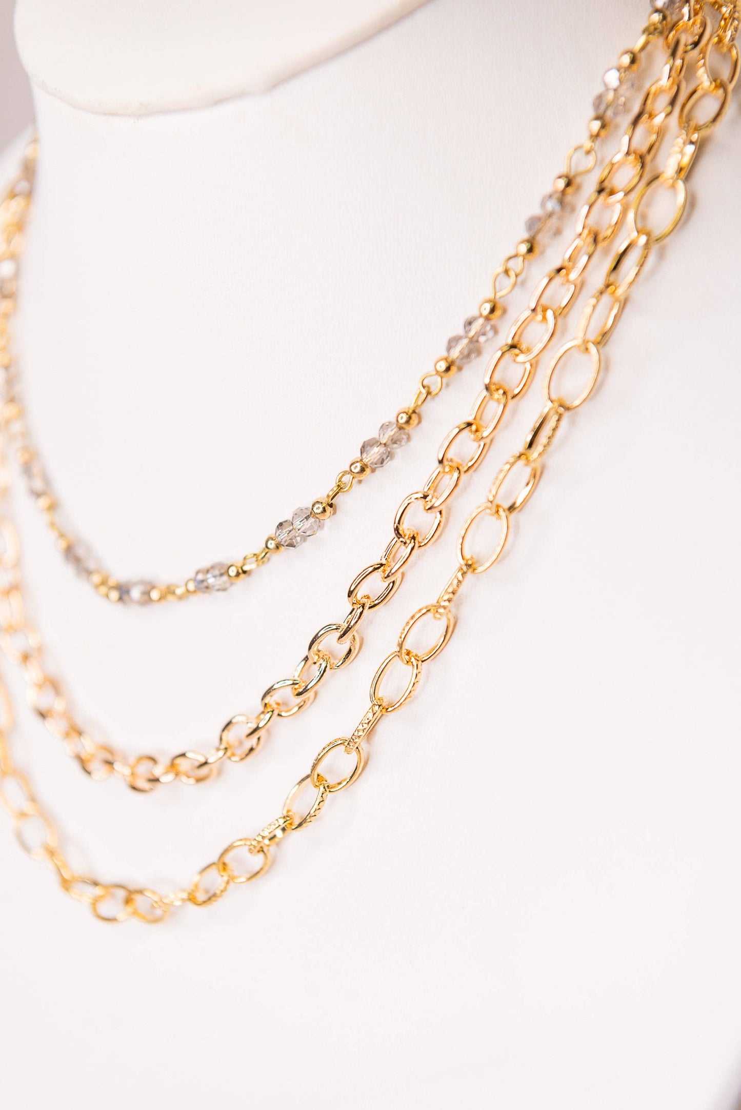Cybil Gold Layered Necklace — Three-Strand Beaded & Chain Link Set