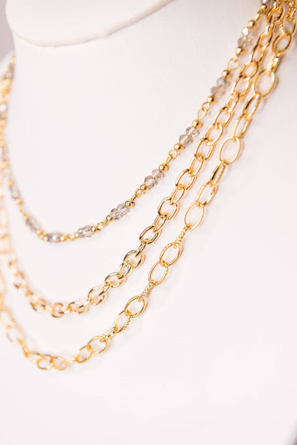 Cybil Gold Layered Necklace — Three-Strand Beaded & Chain Link Set