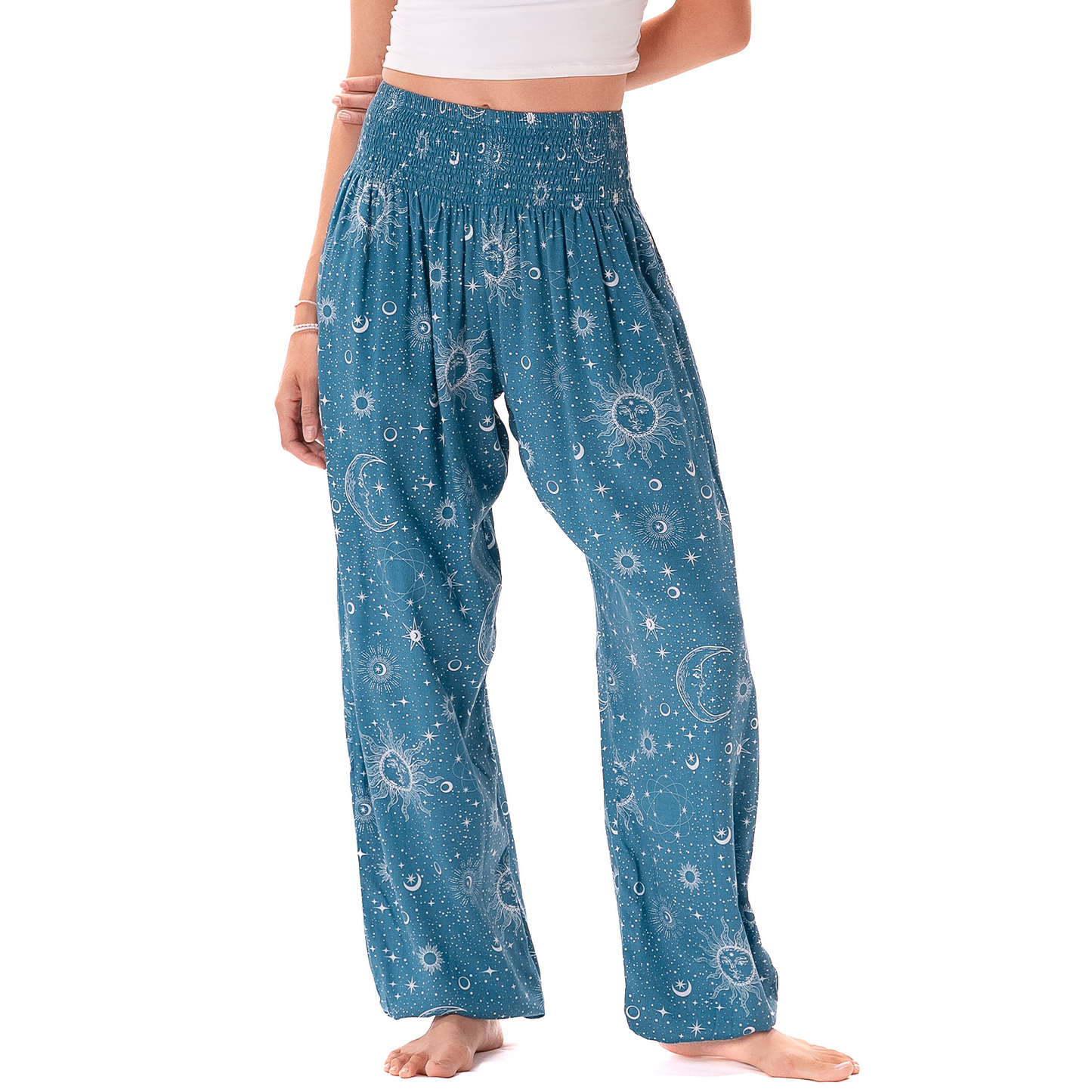 Cosmic Sky Harem Pants in boho print — ultra-soft fabric with smocked waistband, handmade in Thailand