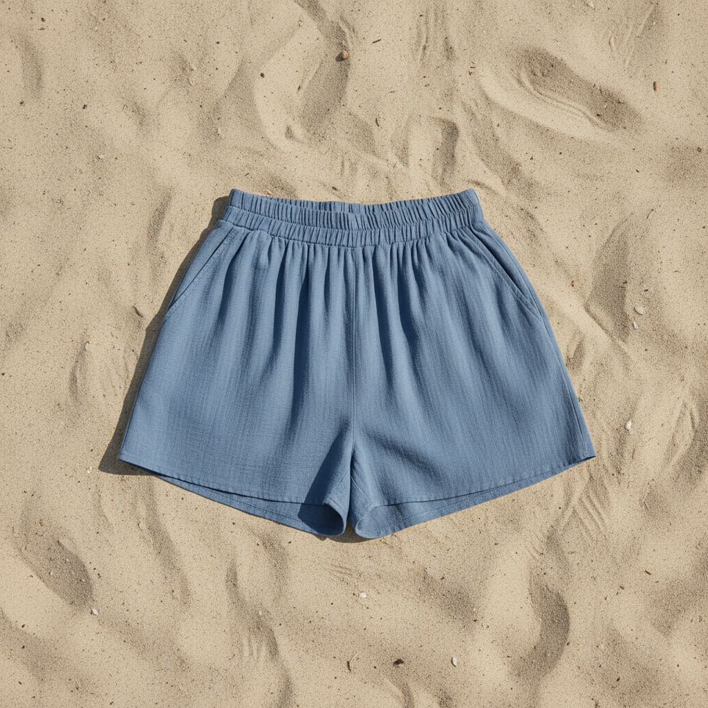 blue pocket shorts laying on sand