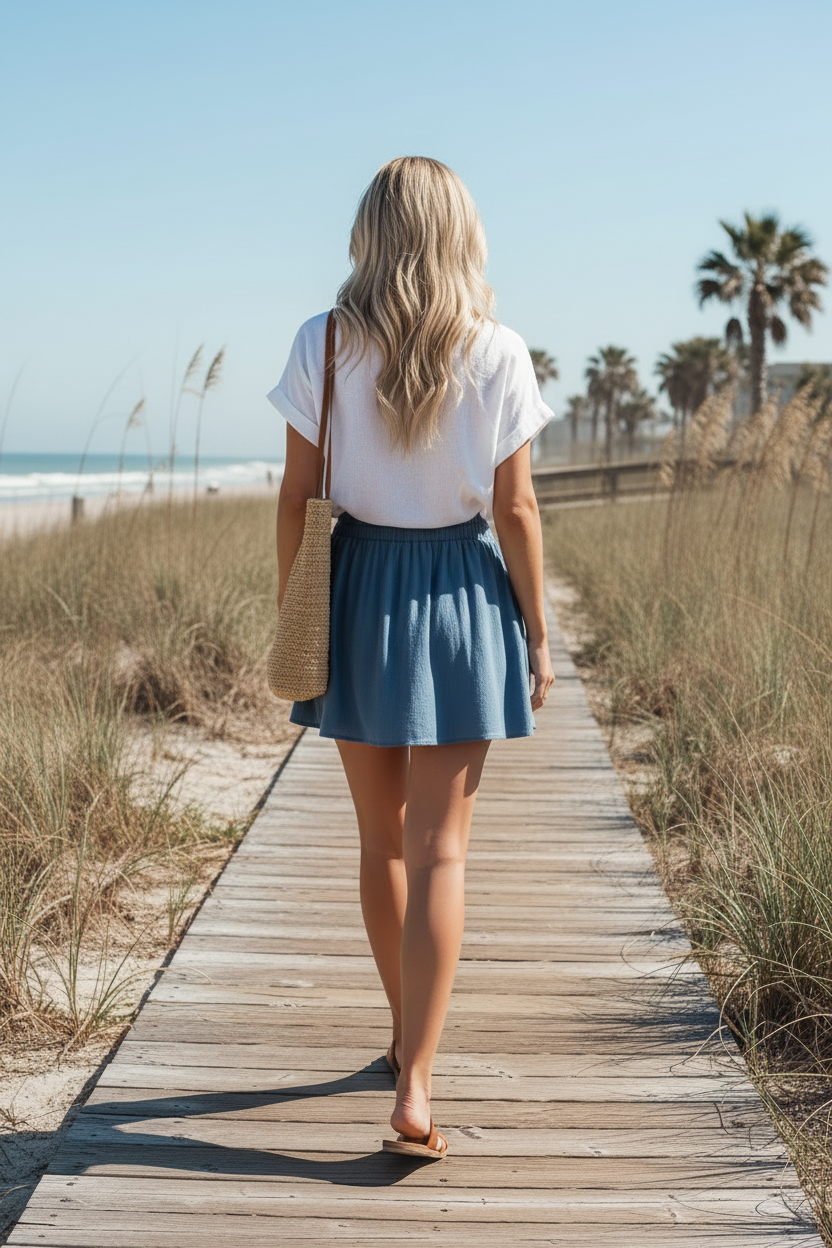 back view of woman walking on a boardwalk wearing a white shirt and flowy blue shorts with pockets