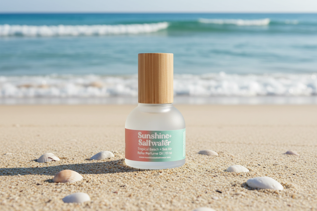 Sunshine & Saltwater fragrance oil on a beach background 