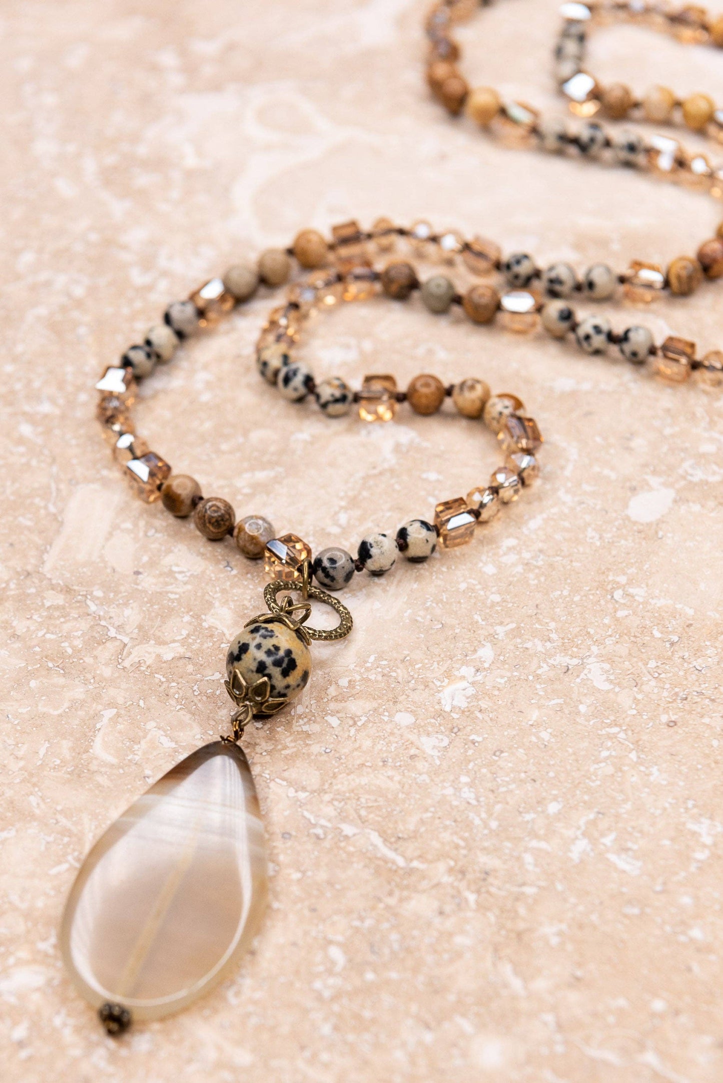 Debbie Beaded Strand Necklace — Brown & Dalmatian Stone