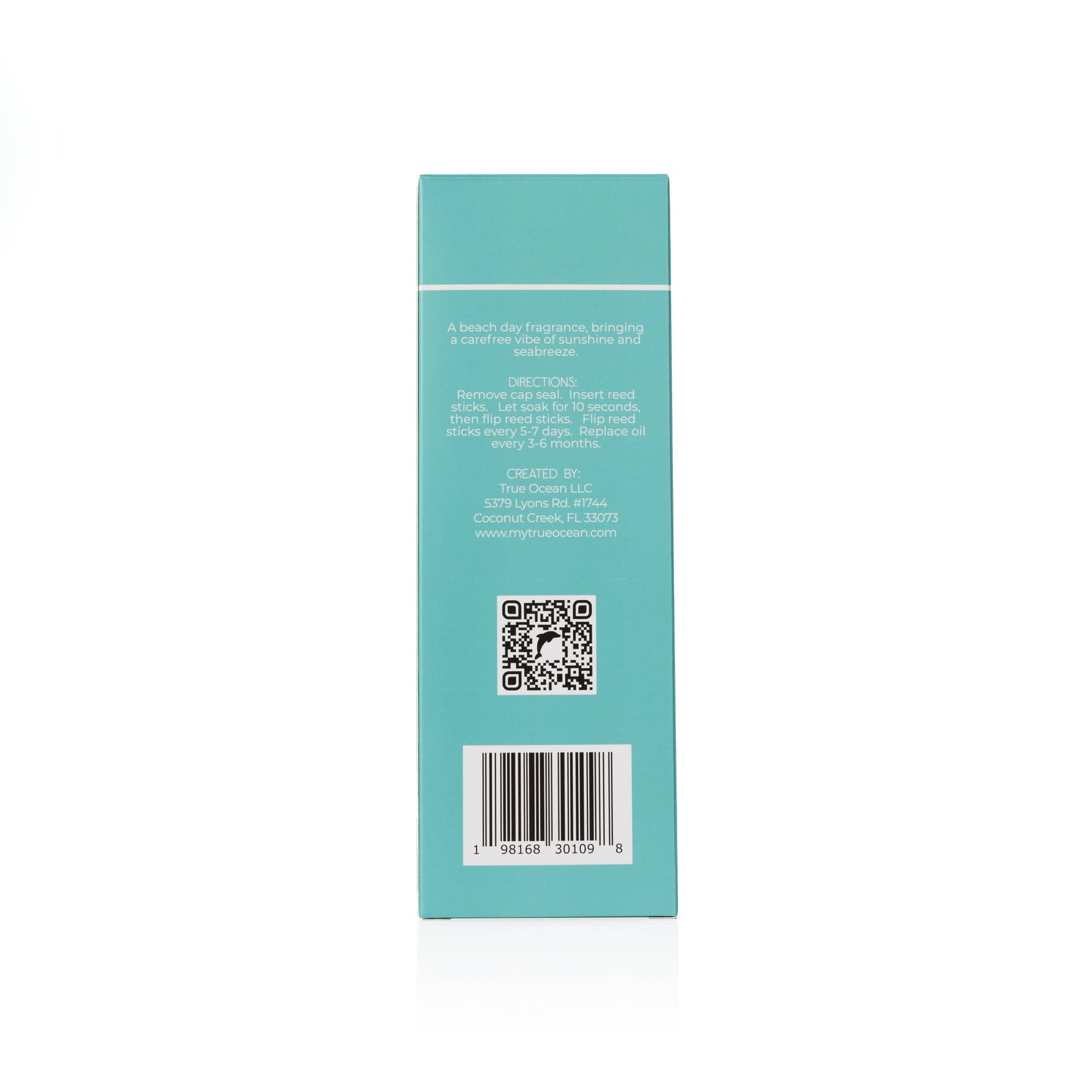 Teal product packaging with QR code and barcode on a white background