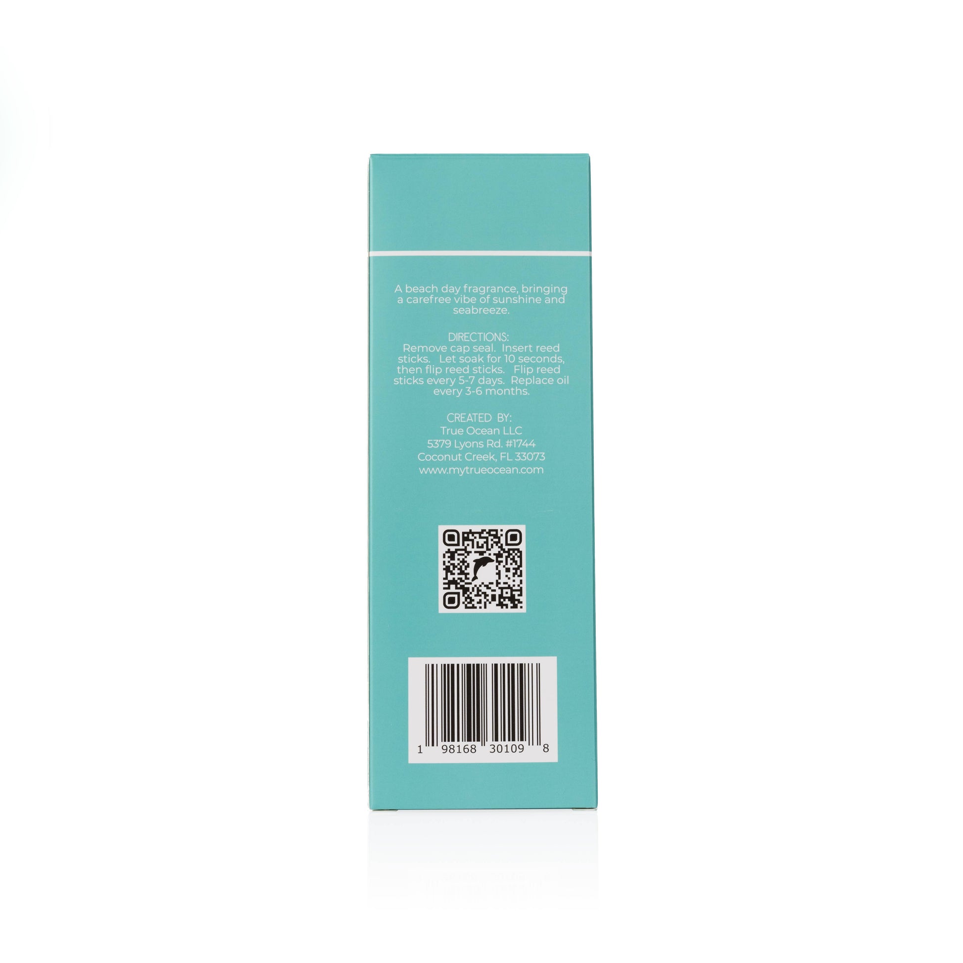 Teal product packaging with QR code and barcode on a white background