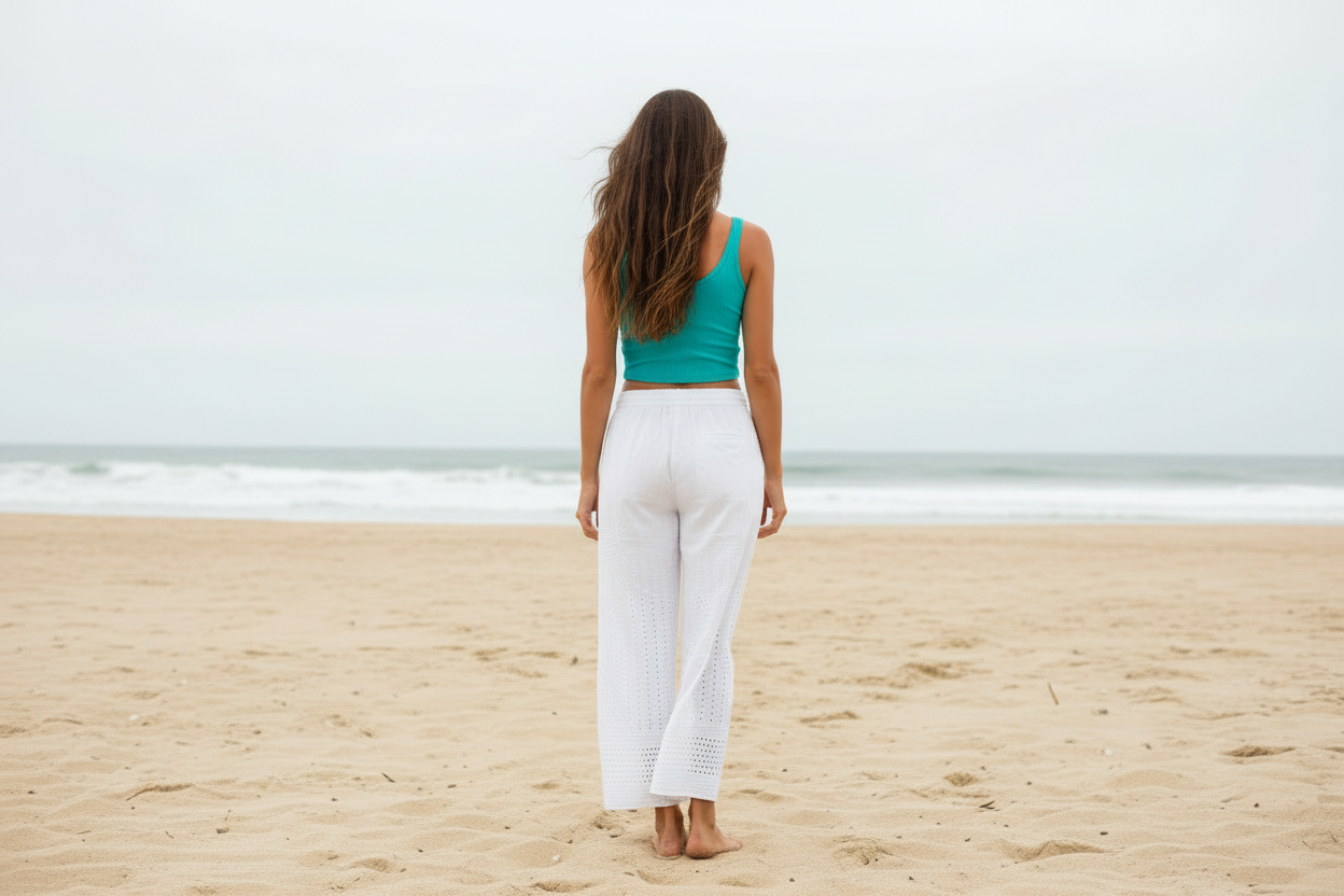 Model walking on beach wearing turquoise tank top and white eyelet pants
