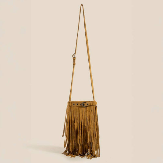 Brown fringe bag with a strap on a beige background