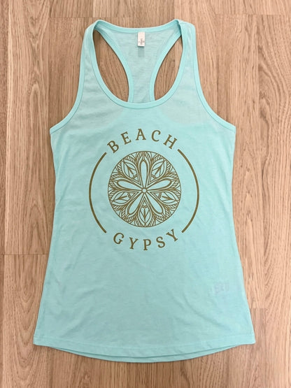 Light blue tank top with 'Beach Gypsy' design on a wooden surface