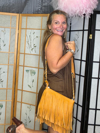 Brown sueded fabric fringe mini dress Side view 