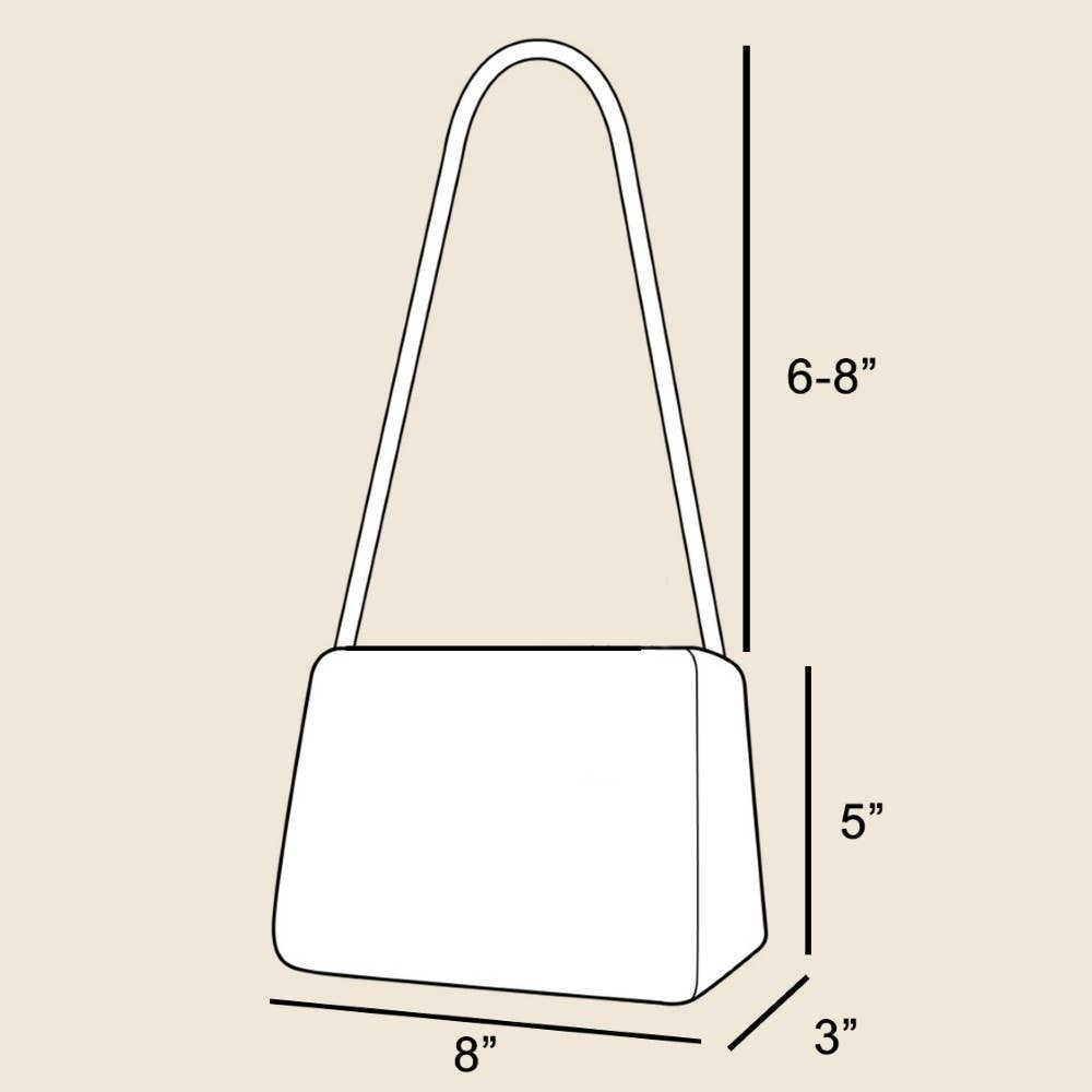 Measurement chart of a handbag with dimensions on a beige background