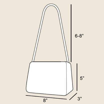Measurement chart of a handbag with dimensions on a beige background