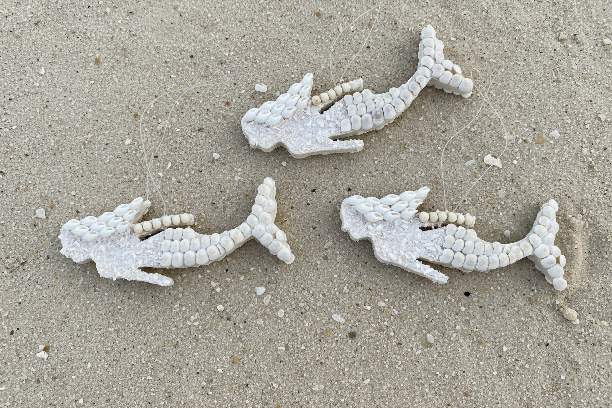 Three white mermaid orna on a sandy surface
