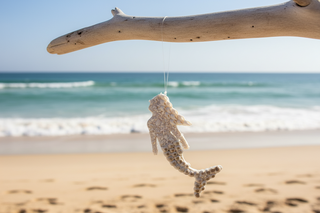 Mermaid ornament on branch at beach
