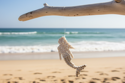 Mermaid ornament on branch at beach