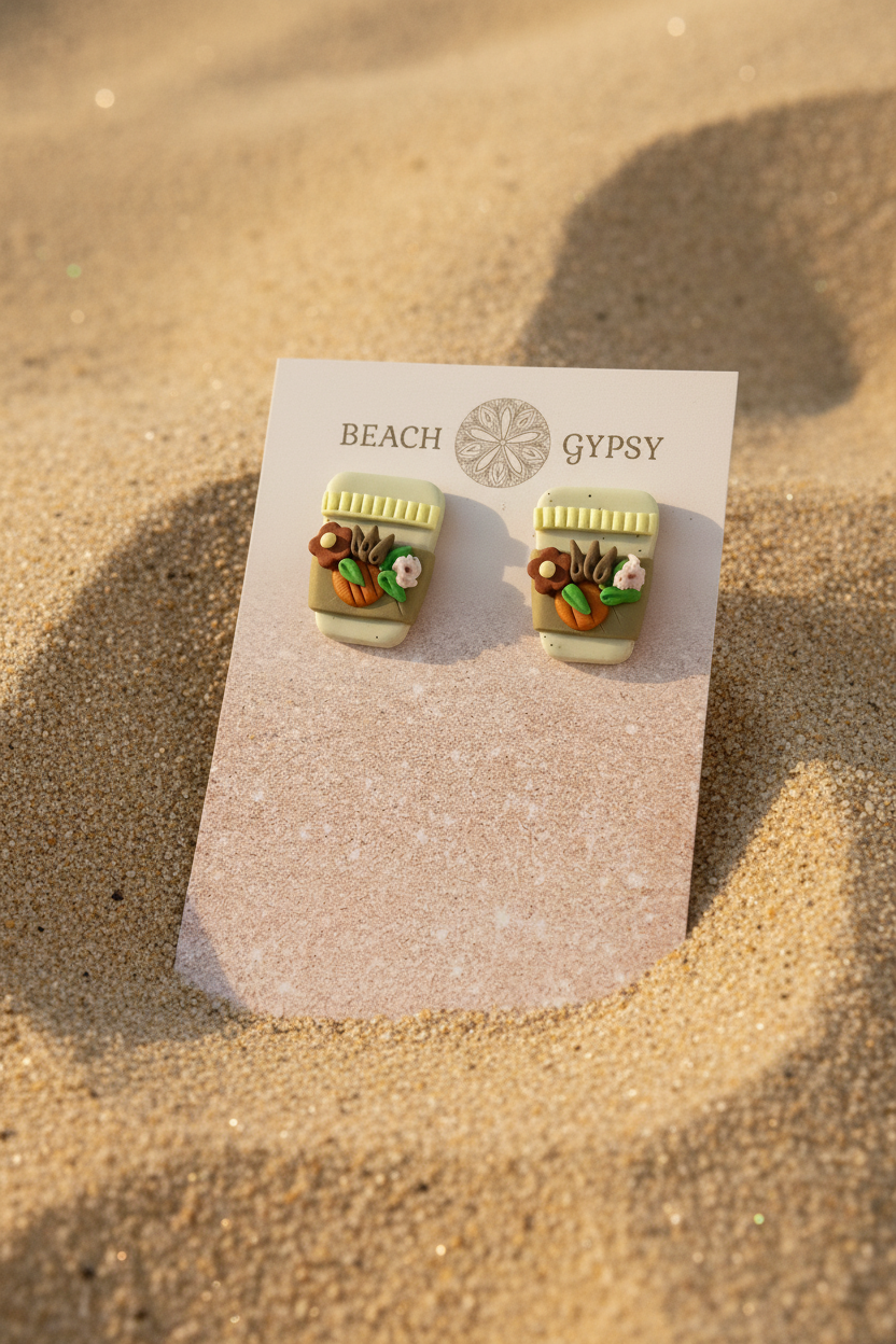 Clay fall cappuccino earrings studs on a beach Gypsy pink card on beach