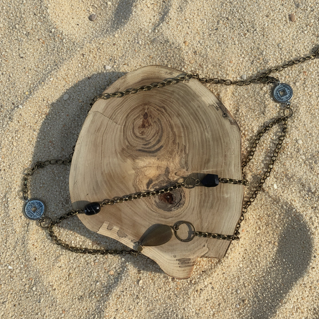 A bohemian-style necklace with a bronze-toned chain, dark beads, a brown feather pendant, and turquoise coin charms, displayed on a rustic wood slice against a sand background.