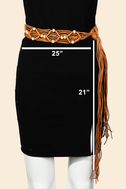 Black skirt with brown fringe and belt, showing measurements on a beige background