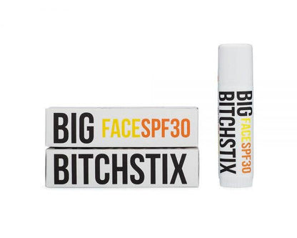 Sunscreen stick with packaging labeled 'BIG FACESPF30 BITCHSTIX' on a white background