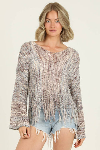 V-Neck Fringe Hem Pullover Sweater