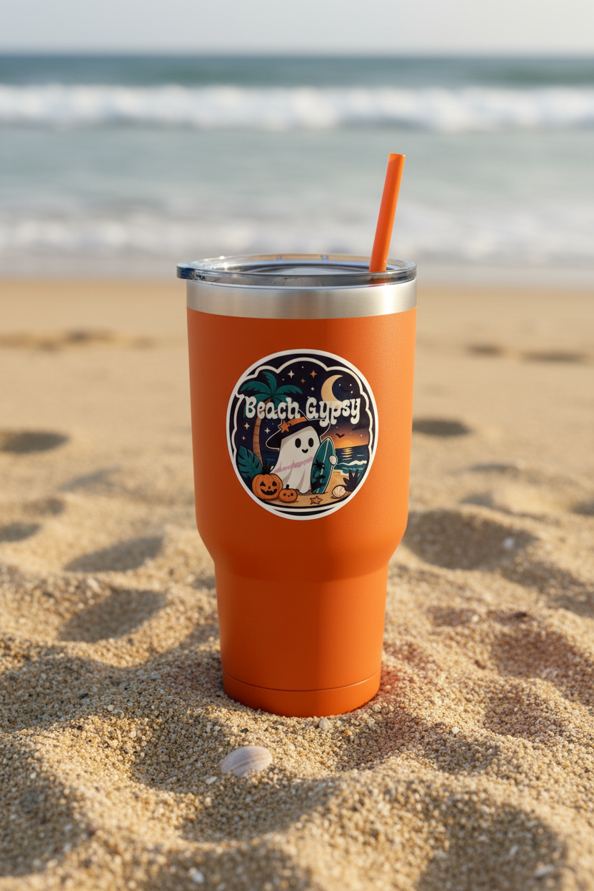 3” round Beach Gypsy Halloween sticker on an orange tumbler cup with a beach in the background 