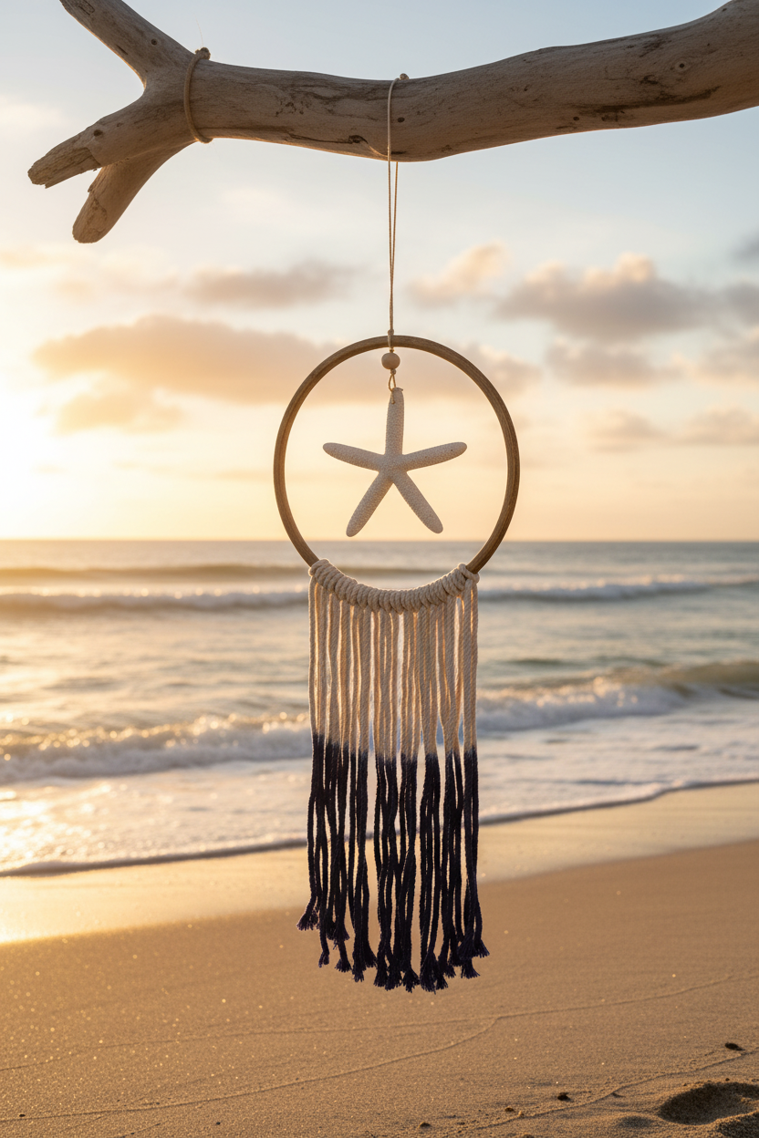 Starfish dreamcatcher on branch on beach