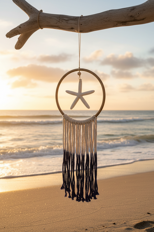 Starfish dreamcatcher on branch on beach