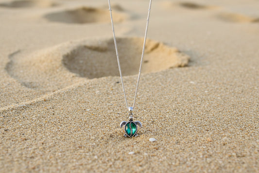 Necklace with abalone turtle pendant on a beach  background