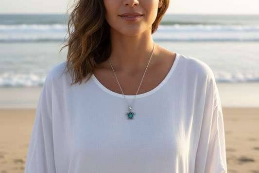 Girl on beach wearing abalone turtle necklace 