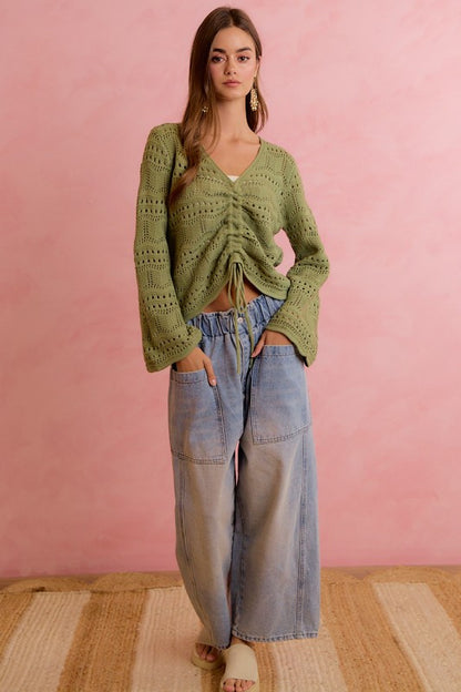 Pointelle Knit V-Neck Ruched Front Top, Sage Green