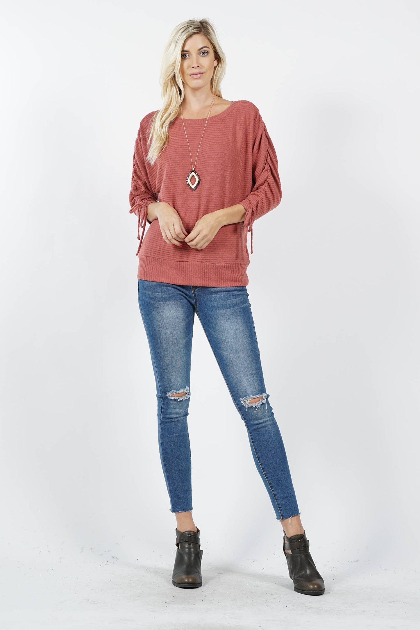 Rouched sleeve with round neck top