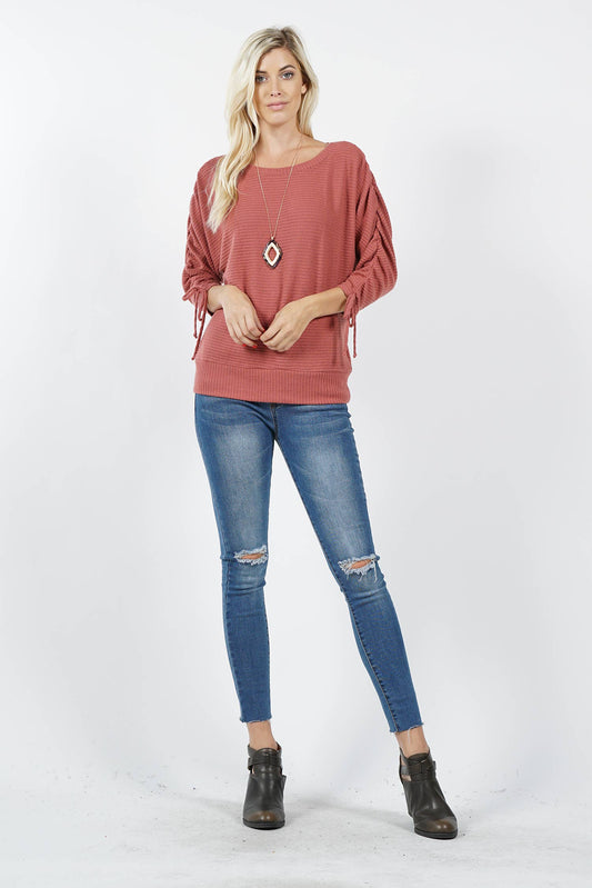 Rouched sleeve with round neck top