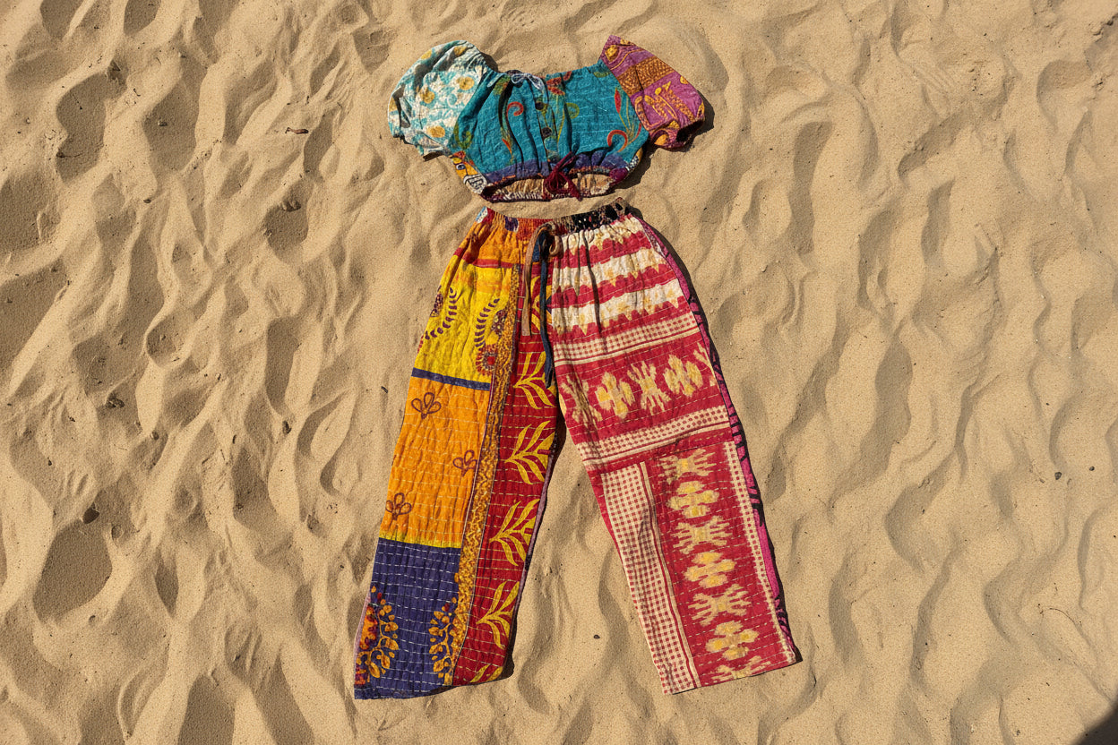 Colorful patterned top and pants on sand background 